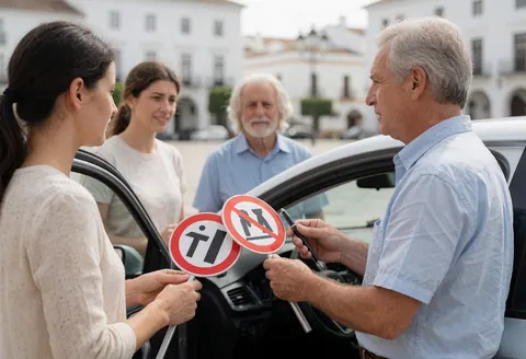 Un instructeur d'auto-école enseigne les signes de la route à des étudiants sur une place ensoleillée avec des bâtiments blancs en arrière-plan.