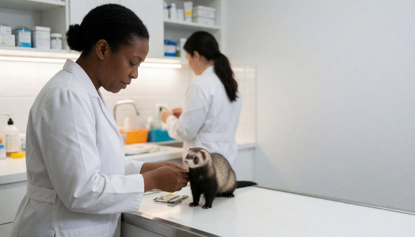 Une vétérinaire examine un furet dans une clinique propre et bien éclairée, avec du matériel médical et des étagères de médicaments en arrière-plan.