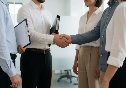 Un avocat et son client échangent une poignée de main dans un bureau moderne avec des dossiers sur fond flou, illustrant un accord professionnel.