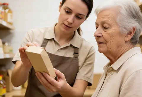 Une vendeuse détaille les caractéristiques d'un article tenu en main à une cliente senior dans un magasin, avec attention.