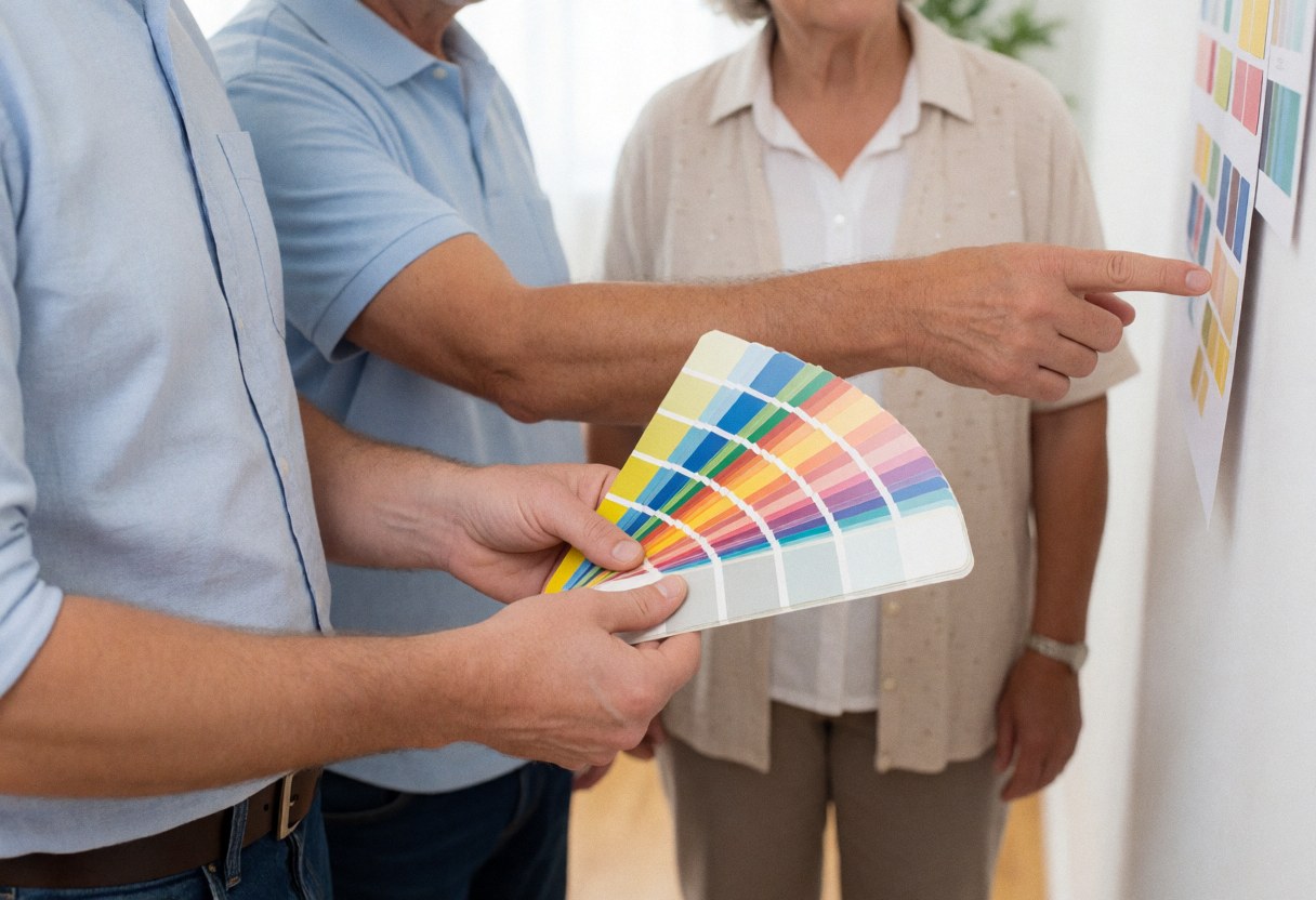 Un peintre professionnel présente des échantillons de couleurs à un client pour sélectionner la teinte idéale afin de peindre les murs de son intérieur.
