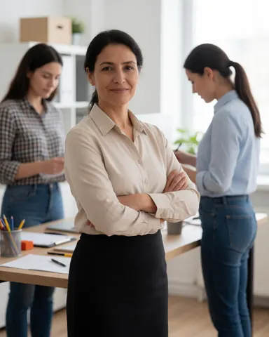 Une manager de bureau les bras croisés regarde la caméra tandis que deux employées travaillent à leurs bureaux dans un environnement professionnel moderne.
