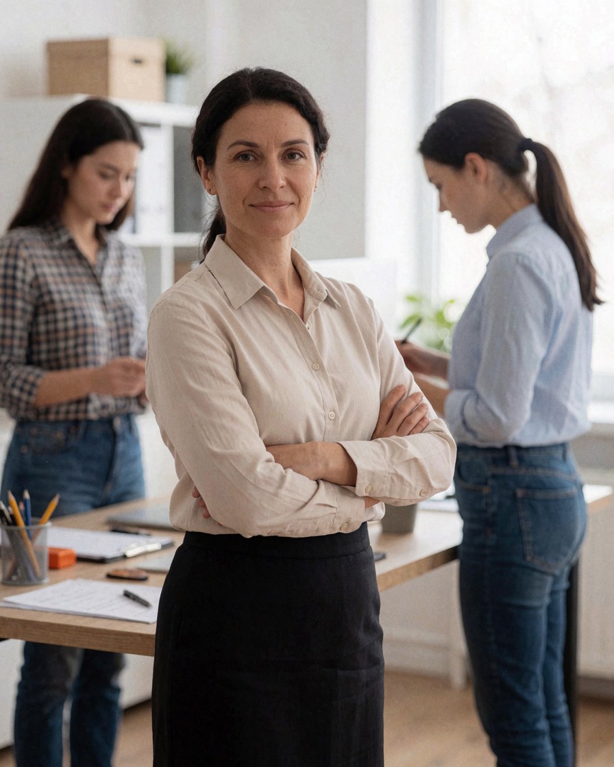 Une manager de bureau les bras croisés regarde la caméra tandis que deux employées travaillent à leurs bureaux dans un environnement professionnel moderne.