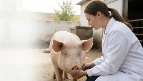 Une vétérinaire examine un porc sain dans un champ rural avec des bâtiments agricoles en arrière-plan sous une lumière naturelle.