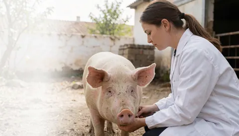 Une vétérinaire examine un porc sain dans un champ rural avec des bâtiments agricoles en arrière-plan sous une lumière naturelle.
