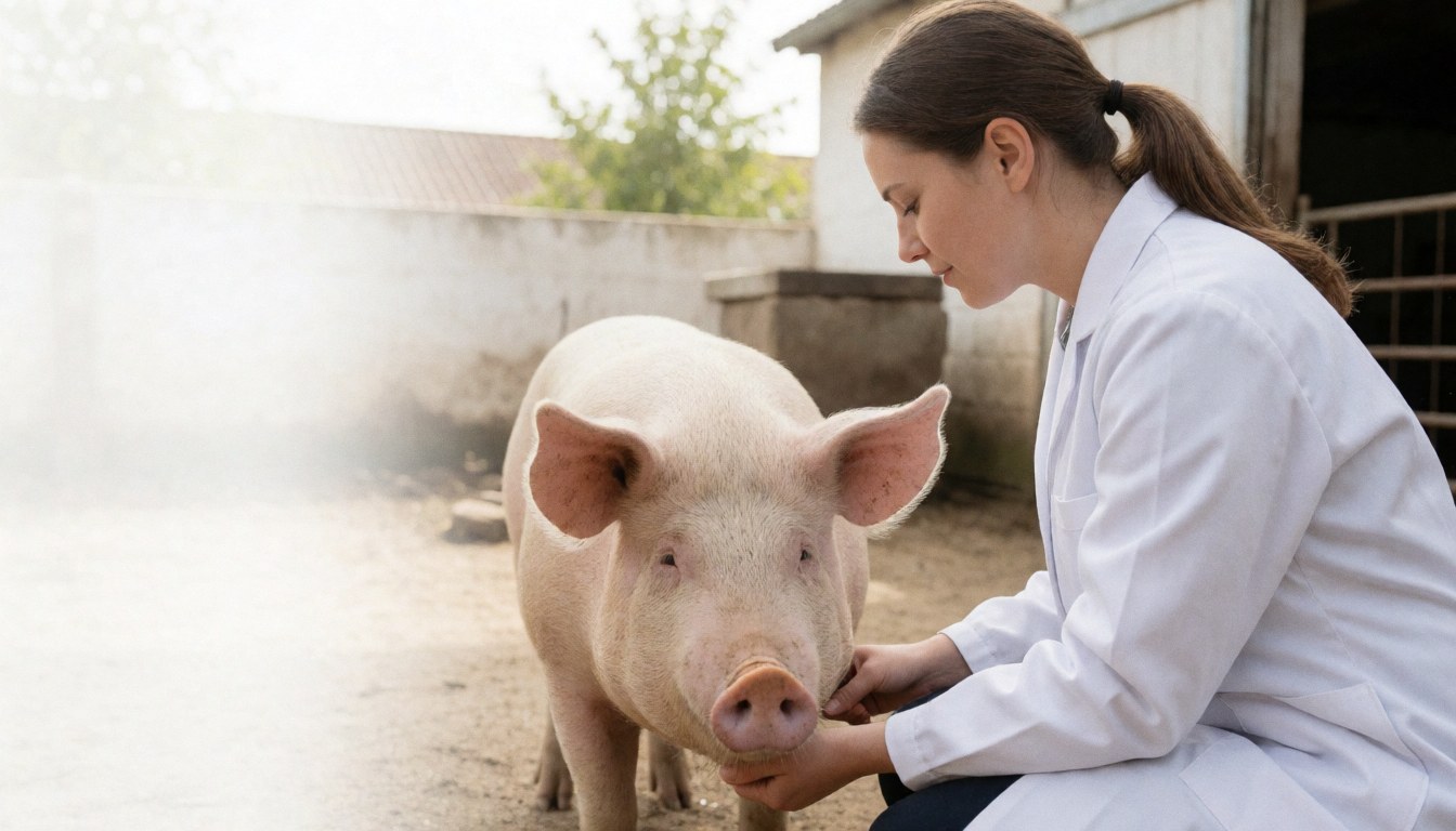 Une vétérinaire examine un porc sain dans un champ rural avec des bâtiments agricoles en arrière-plan sous une lumière naturelle.