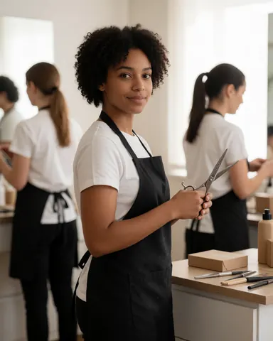 Une coiffeuse professionnelle tient des ciseaux dans un salon de beauté propre, avec d'autres personnes travaillant en arrière-plan.