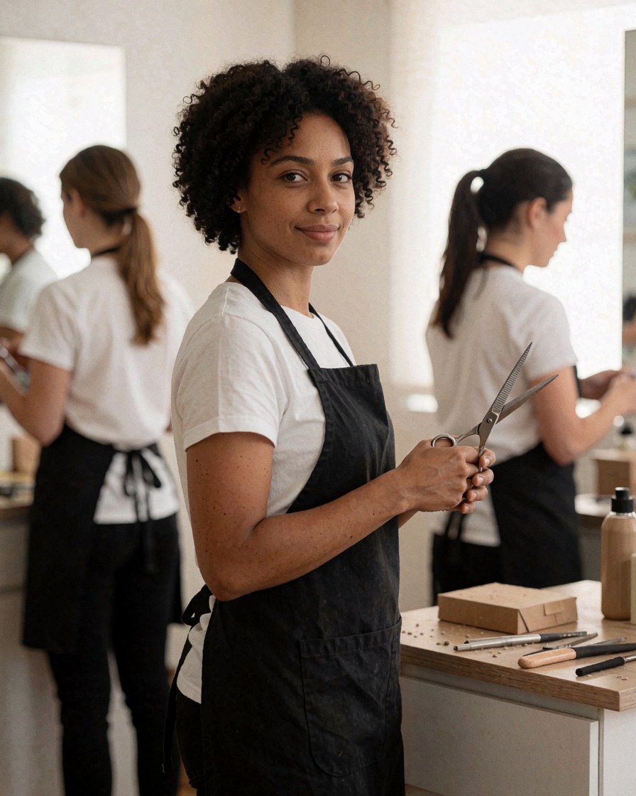 Une coiffeuse professionnelle tient des ciseaux dans un salon de beauté propre, avec d'autres personnes travaillant en arrière-plan.