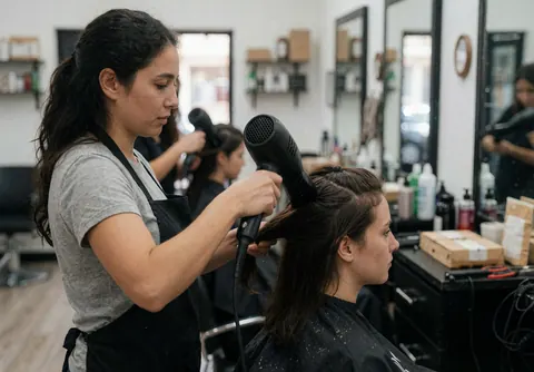 Une coiffeuse portant un tablier noir utilise un sèche-cheveux sur les cheveux d'une cliente assise dans un salon de coiffure.