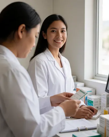 Une pharmacienne examine une ordonnance tandis qu'une collègue lui remet un médicament près d'une fenêtre éclairée par la lumière naturelle.