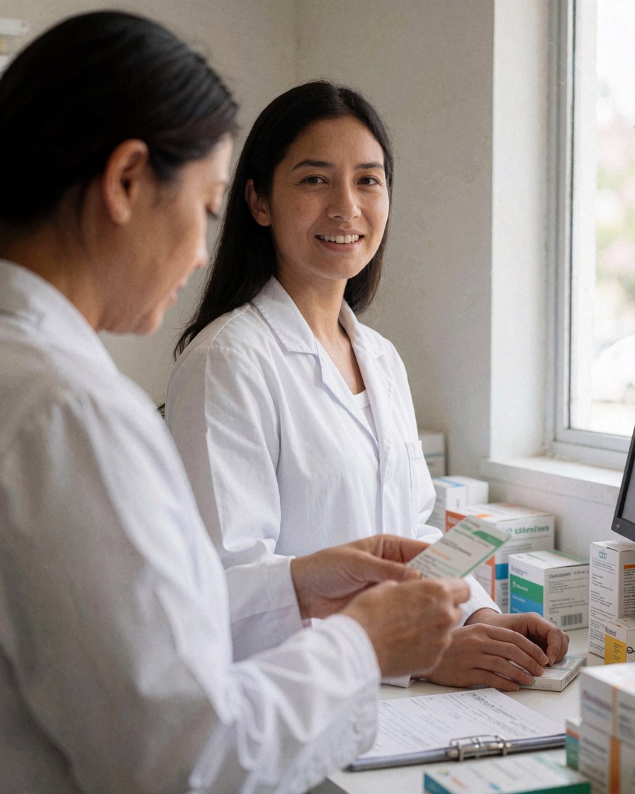 Une pharmacienne examine une ordonnance tandis qu'une collègue lui remet un médicament près d'une fenêtre éclairée par la lumière naturelle.