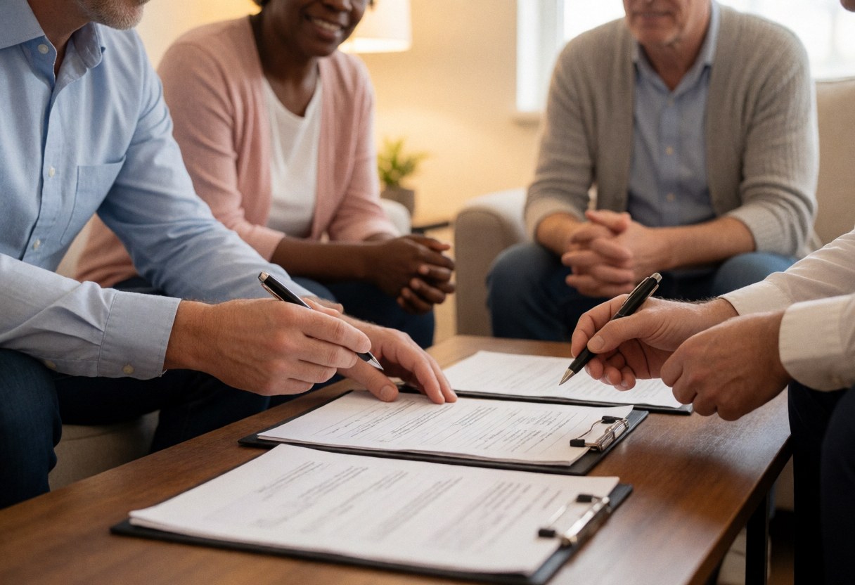 Un couple participe à une consultation financière en réunion, examinant des documents sur une table.