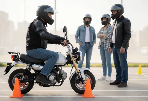 Un élève casqué pratique la conduite sur une motocyclette autour de cônes orange pendant qu'un instructeur et deux personnes observent dans un espace extérieur.