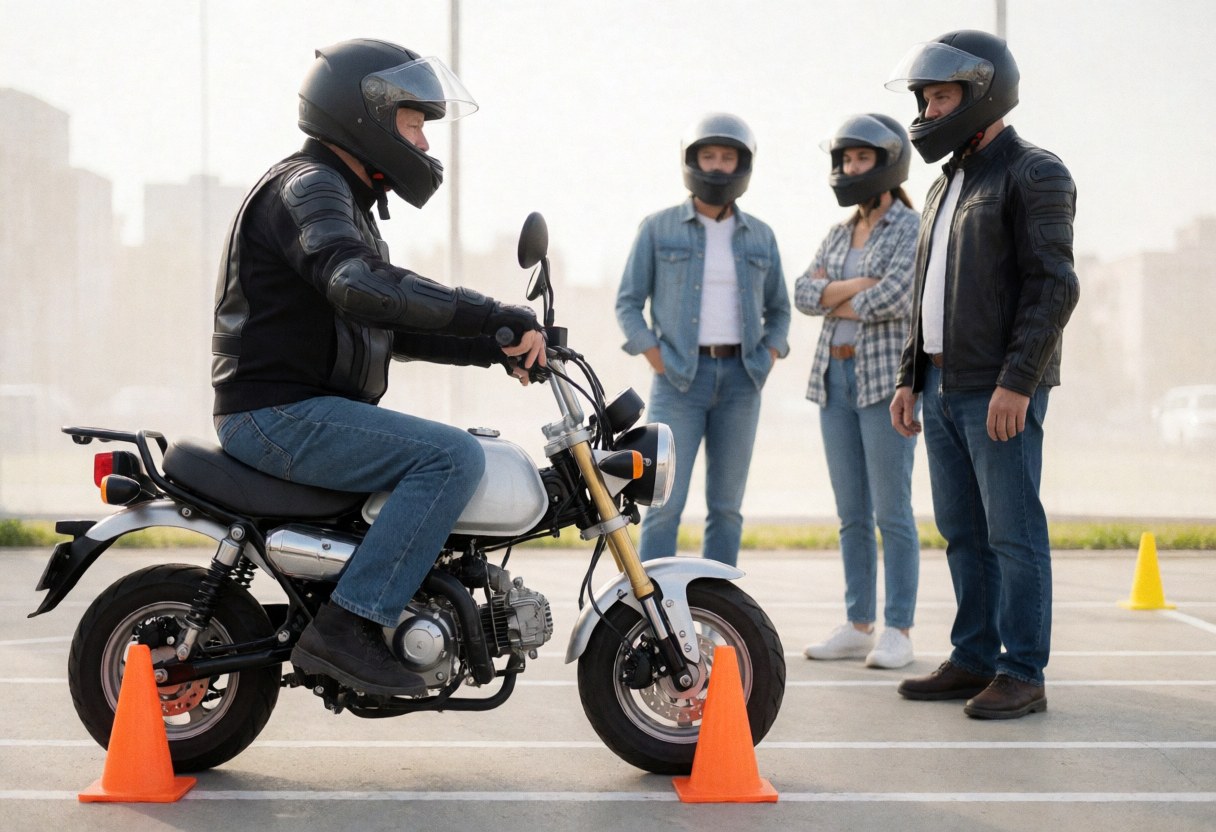 Un élève casqué pratique la conduite sur une motocyclette autour de cônes orange pendant qu'un instructeur et deux personnes observent dans un espace extérieur.