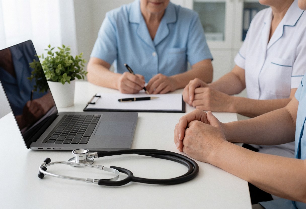 Un médecin et des infirmières lors d'une consultation, avec un stéthoscope, un ordinateur portable, un carnet et des plantes sur un bureau blanc.