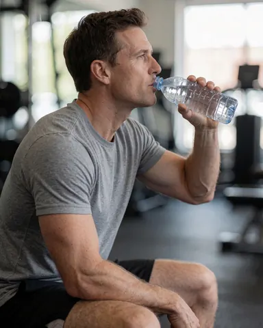 Un homme boit de l'eau d'une bouteille pendant une pause au gymnase, avec un arrière-plan flou et une lumière naturelle.