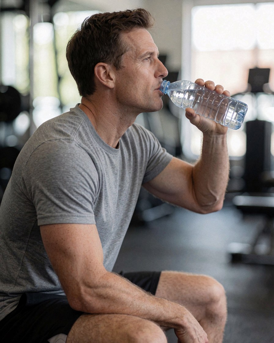 Un homme boit de l'eau d'une bouteille pendant une pause au gymnase, avec un arrière-plan flou et une lumière naturelle.