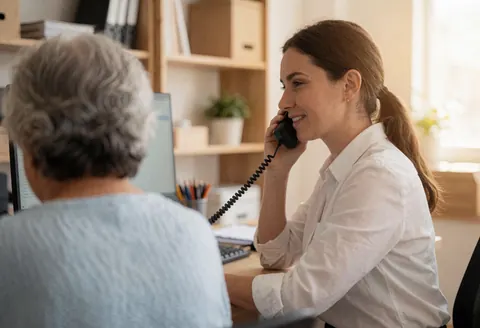 Un agent de service client discute par téléphone avec un client senior dans un bureau professionnel équipé d'ordinateur et d'étagères.
