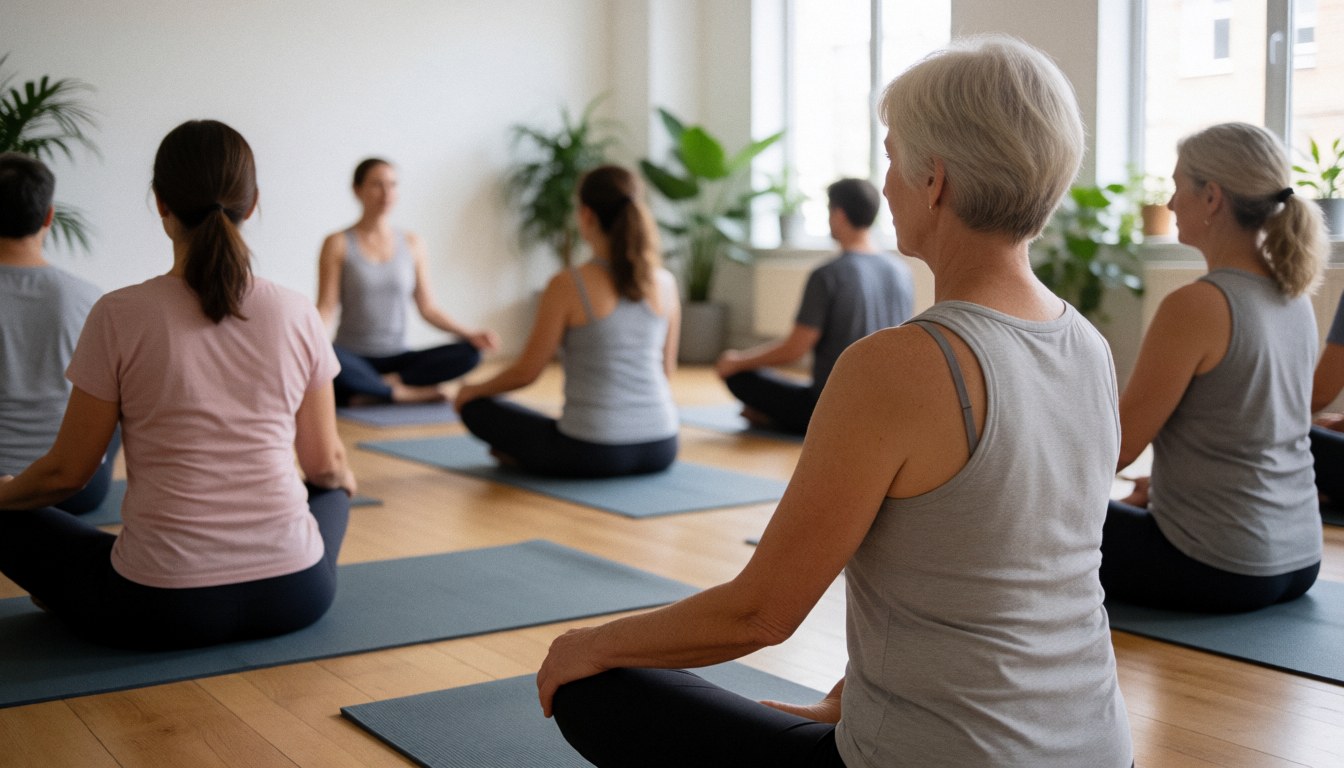 Une classe de yoga se déroulant dans un espace clair et aéré avec des plantes et une grande fenêtre.