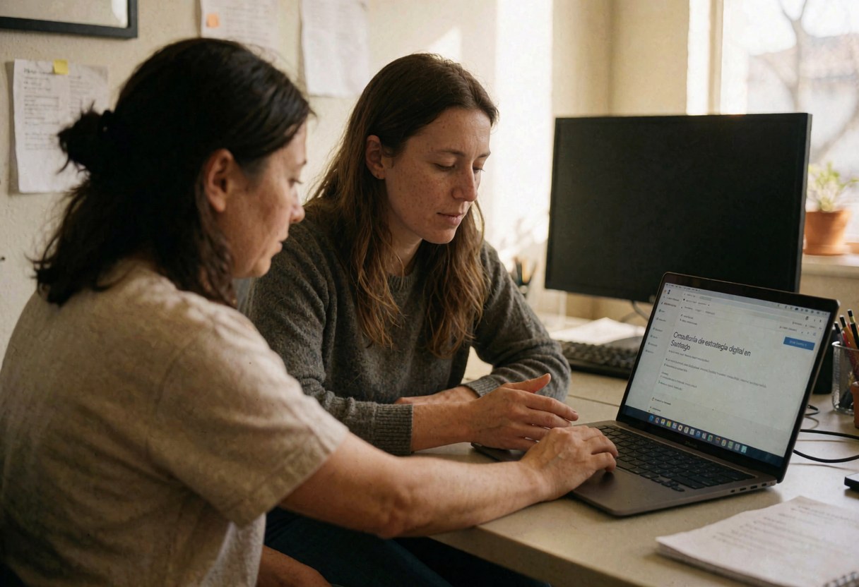 Deux professionnels discutant d'une stratégie marketing digital autour d'un ordinateur portable dans un espace de travail moderne.