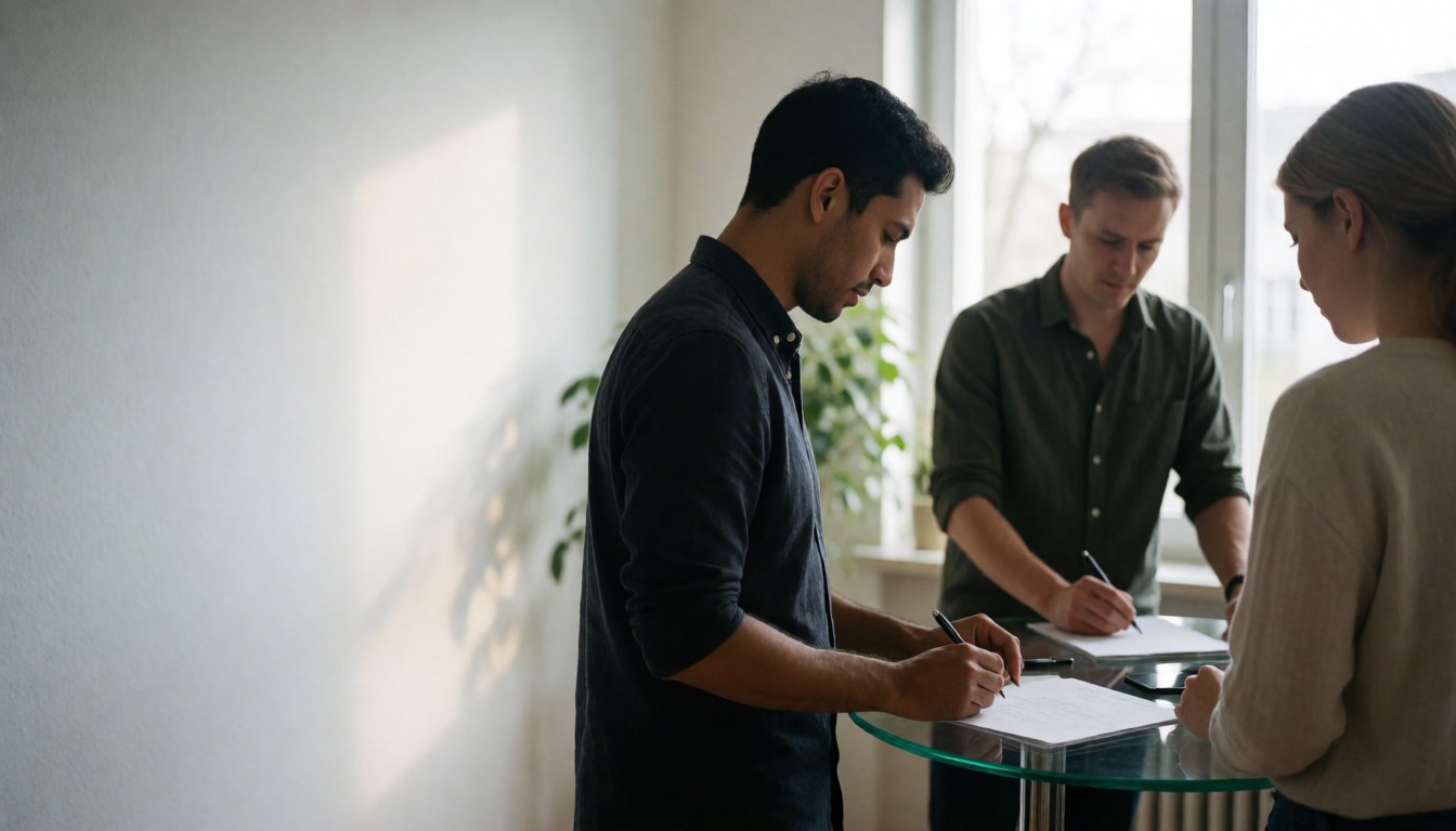 Une équipe professionnelle travaille ensemble sur des documents à une table en verre dans un bureau lumineux avec lumière naturelle.