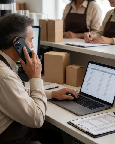 Homme dans son bureau examinant l'inventaire sur un ordinateur portable tout en parlant au téléphone, avec des cartons et documents sur le bureau.