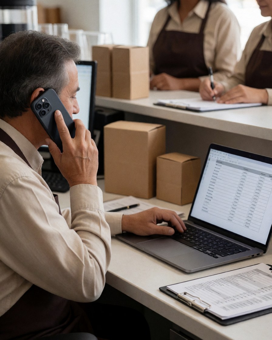 Homme dans son bureau examinant l'inventaire sur un ordinateur portable tout en parlant au téléphone, avec des cartons et documents sur le bureau.