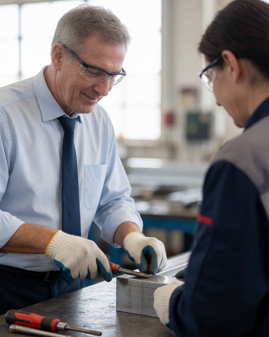 Deux professionnels inspectent un produit métallique dans une usine, utilisant des outils et des lunettes de sécurité dans un environnement industriel.