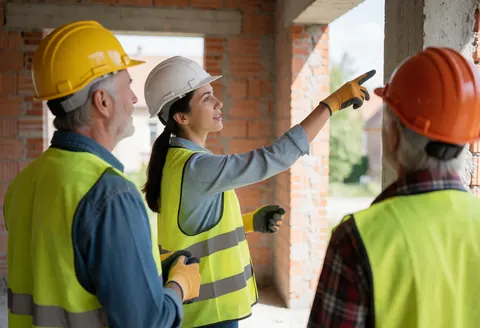Un consultant portant un casque blanc et un gilet jaune pointe une structure sur un chantier de construction, accompagné de deux hommes en équipements de sécurité.