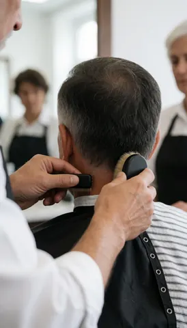 Un barbier termine la coiffure d'un client en utilisant une brosse pour lisser les cheveux.