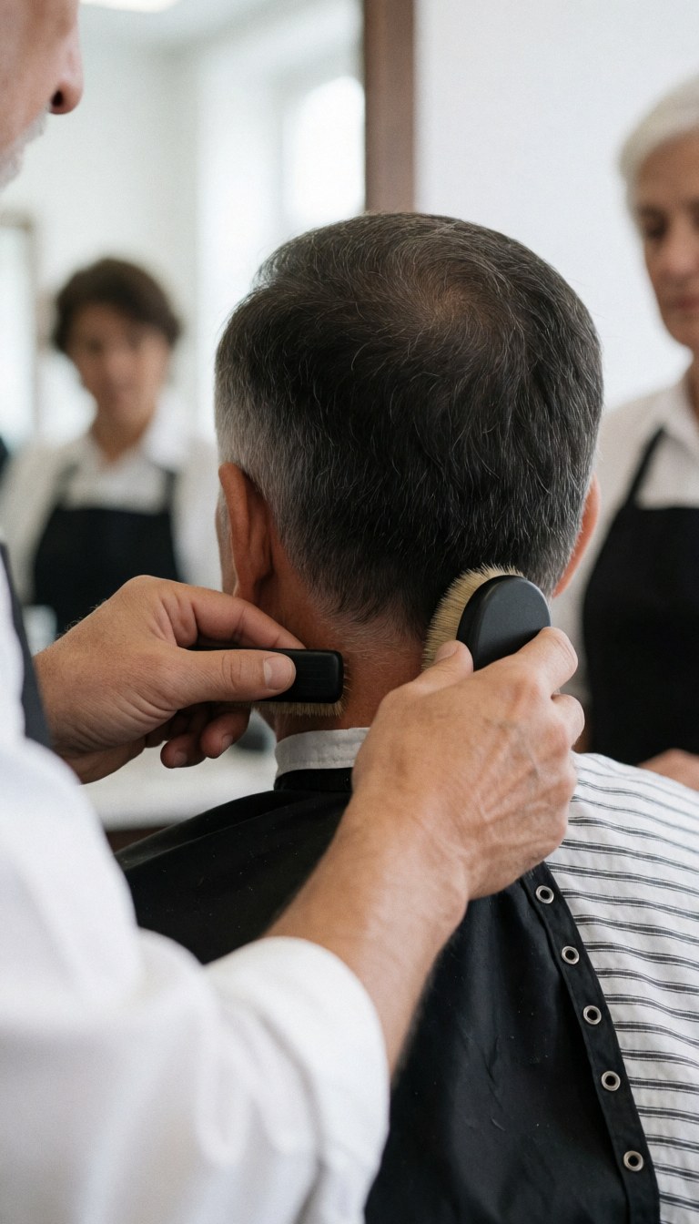 Un barbier termine la coiffure d'un client en utilisant une brosse pour lisser les cheveux.