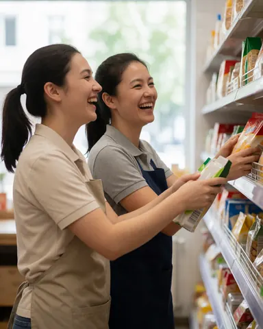 Deux employées souriantes organisent des produits dans un minimarket sous une lumière naturelle.