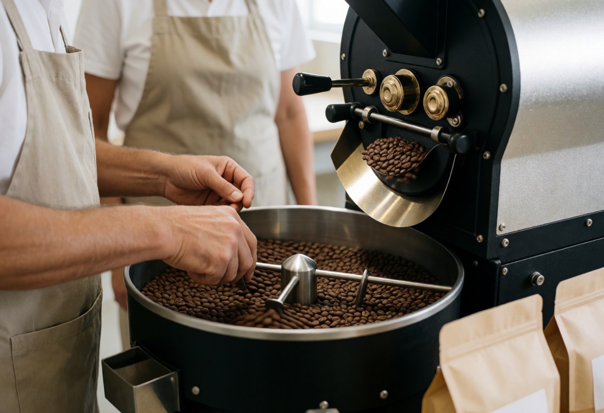 Un roasteur vérifie la qualité des grains de café après la torréfaction dans une chambre de refroidissement, avec du matériel professionnel et des sacs prêts à être emballés.