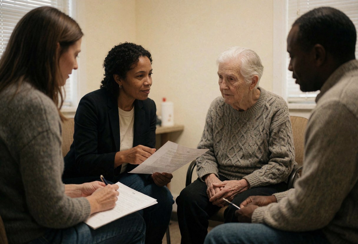 Un professionnel accompagne un patient lors d'une consultation individuelle au sein d'un cabinet médical.