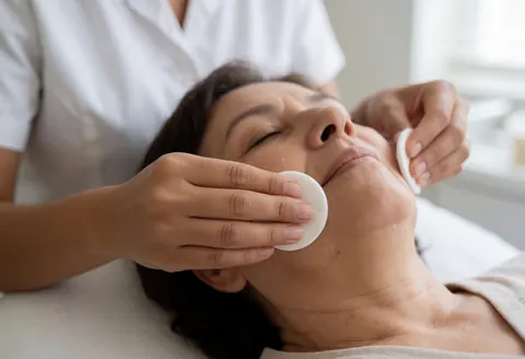 Une esthéticienne réalise un soin de nettoyage facial à l'aide de cotons-tiges sur une cliente relaxée allongée sur une table de massage.