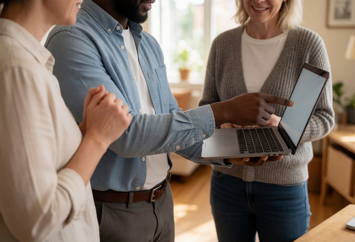Un consultant en sécurité explique des informations sur un ordinateur portable à deux clients dans un bureau domestique lumineux, créant une ambiance professionnelle et éducative.