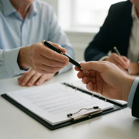 Une main offrant un stylo sur un bureau pour la signature d'un document dans un cadre professionnel.