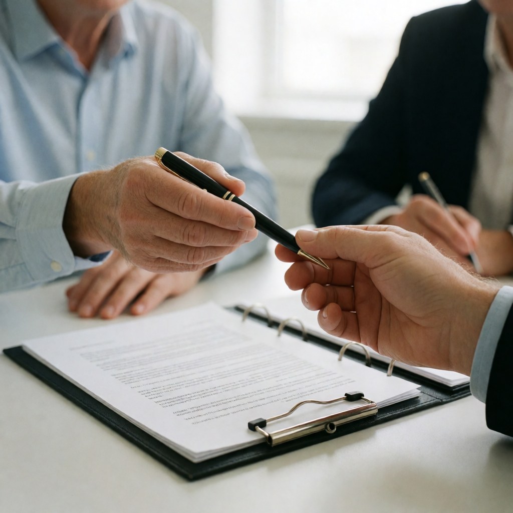 Une main offrant un stylo sur un bureau pour la signature d'un document dans un cadre professionnel.