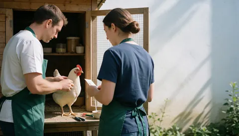 Un vétérinaire et une assistante examinent une poule dans un enclos en bois. La scène est diurne, propre et professionnelle, avec des outils vétérinaires visibles.