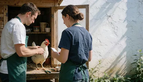 Un vétérinaire et une assistante examinent une poule dans un enclos en bois. La scène est diurne, propre et professionnelle, avec des outils vétérinaires visibles.