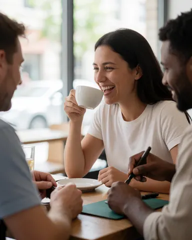 Une femme tient une tasse tandis qu'une autre personne écrit dans un carnet sur une table de café, créant une ambiance joyeuse et détendue.