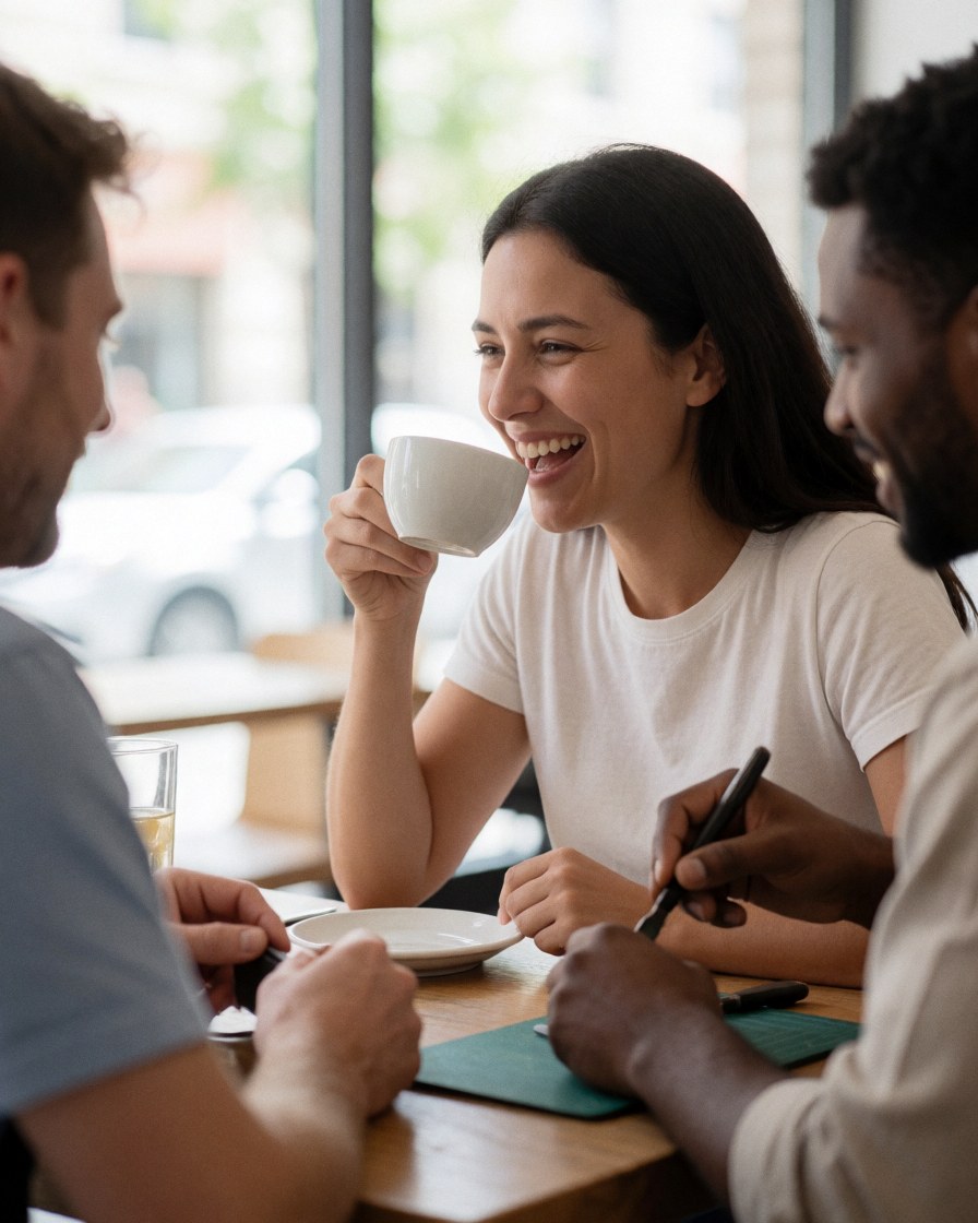 Une femme tient une tasse tandis qu'une autre personne écrit dans un carnet sur une table de café, créant une ambiance joyeuse et détendue.