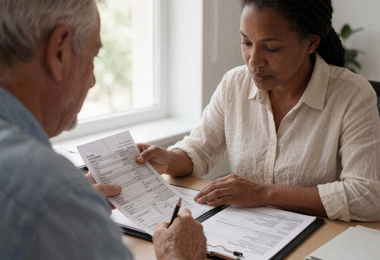 Une comptable explique un formulaire d'imposition à un client senior assis à un bureau avec des documents et un crayon.