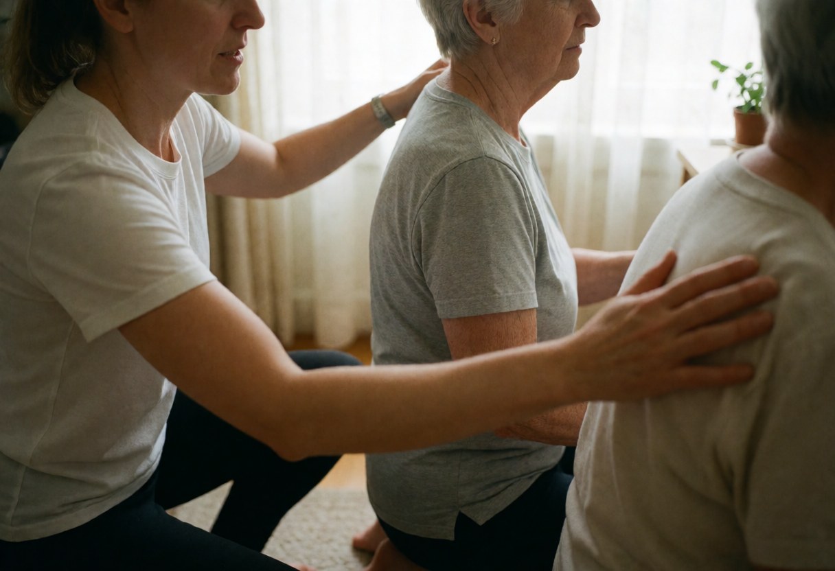 Une instructeur aide une femme âgée à étirer les épaules dans un intérieur lumineux avec des rideaux, illustrant le bien-être et la relaxation.