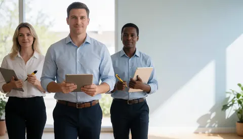 Trois professionnels du support IT marchent vers l'avant dans un bureau lumineux, tenant des tablettes et des outils, affichant confiance et professionnalisme.