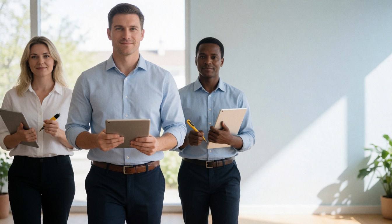 Trois professionnels du support IT marchent vers l'avant dans un bureau lumineux, tenant des tablettes et des outils, affichant confiance et professionnalisme.