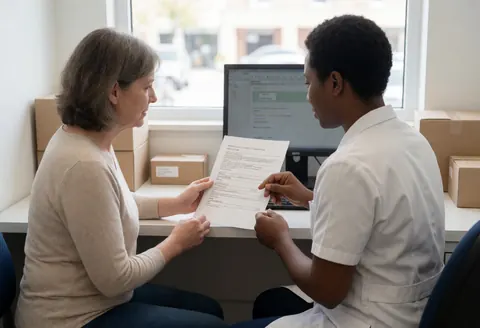 Un professionnel de santé examine un document avec une patiente assise devant un ordinateur dans un bureau lumineux et professionnel.