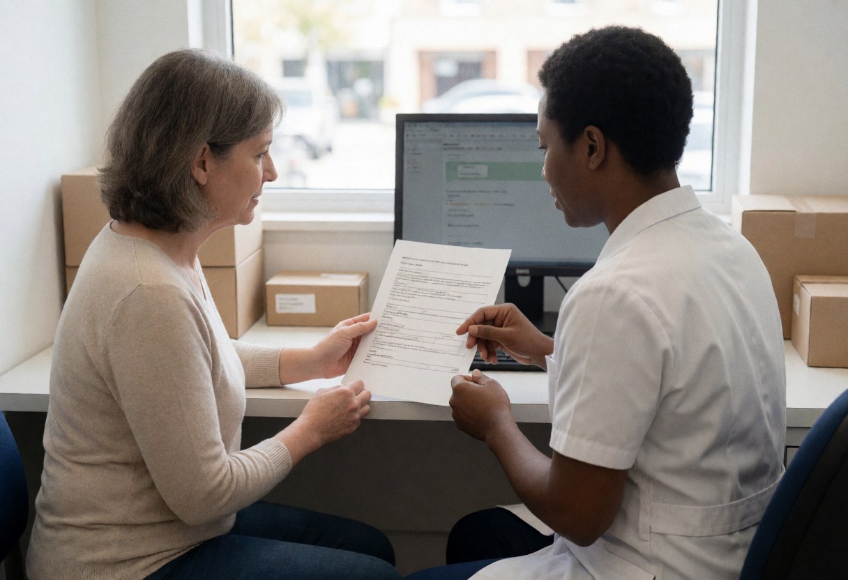 Un professionnel de santé examine un document avec une patiente assise devant un ordinateur dans un bureau lumineux et professionnel.