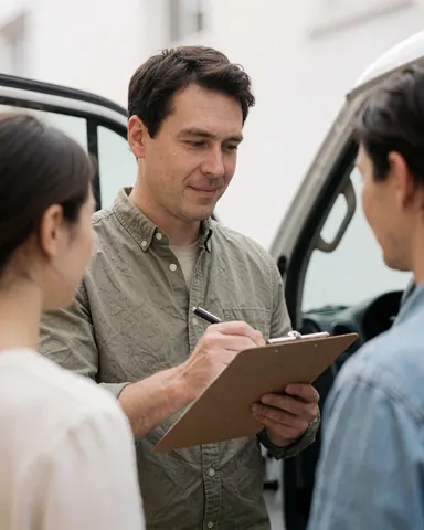 Un instructeur masculin tient un classeur ou une tablette, probablement dans le cadre d'une formation au permis de conduire.