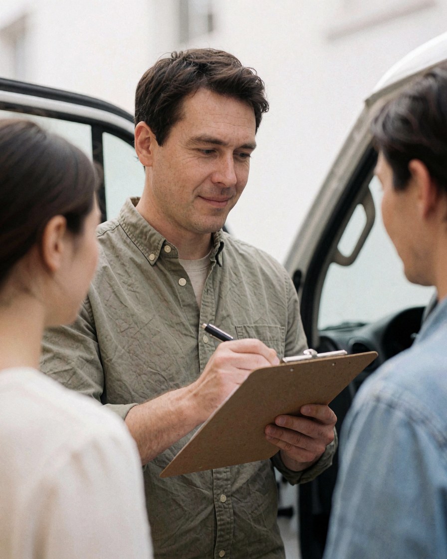 Un instructeur masculin tient un classeur ou une tablette, probablement dans le cadre d'une formation au permis de conduire.